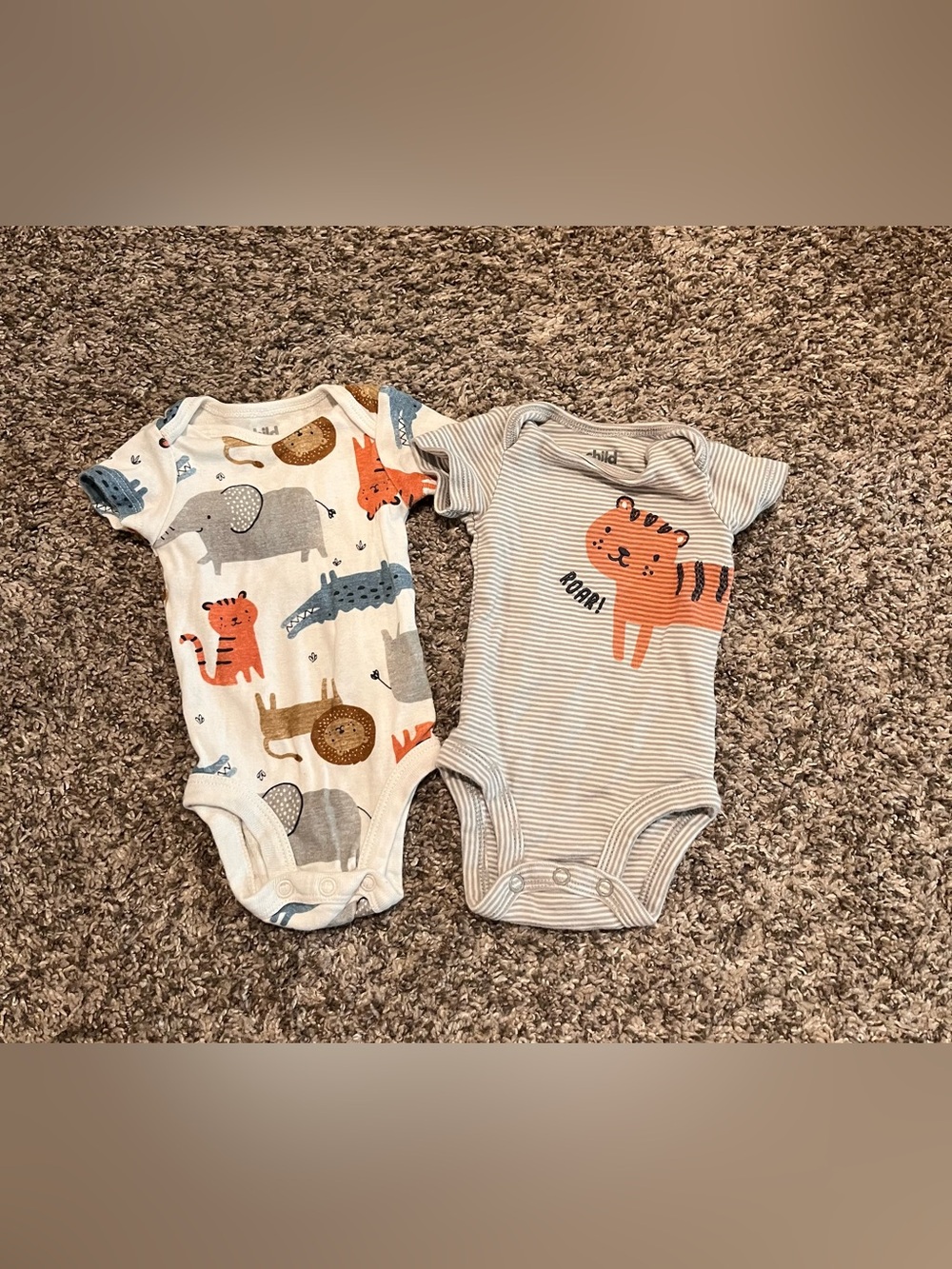 Striped Tiger & Animal Print Cotton One-Piece Bodysuit Set - Orange/Grey